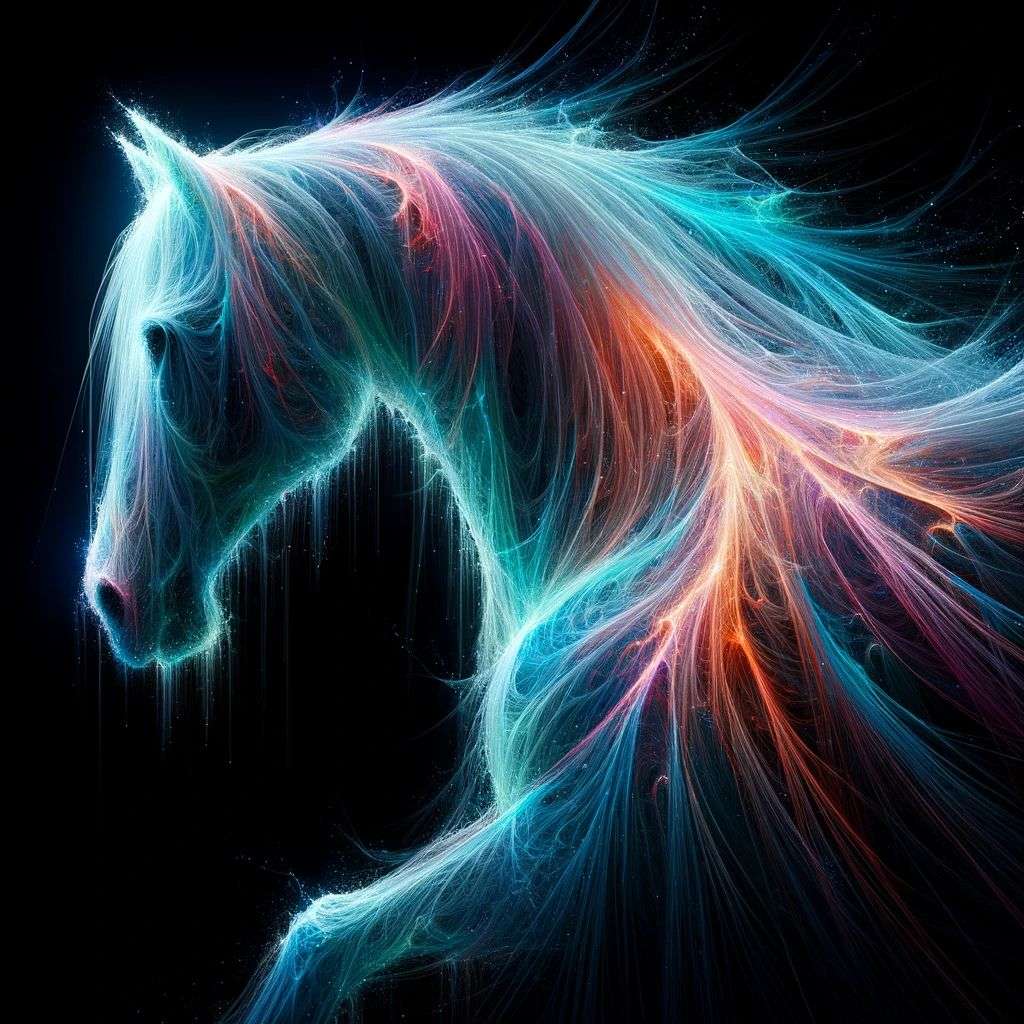 a horse, made from glowing multicolored luminescent fibers, digital art